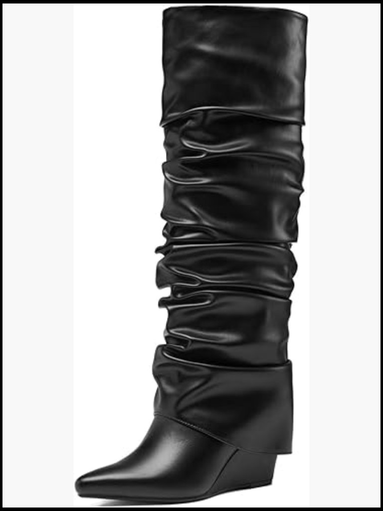 Slouched Wedge Knee High Boots Pointed Toe Fold Over Trendy Y2k Chunky Heel